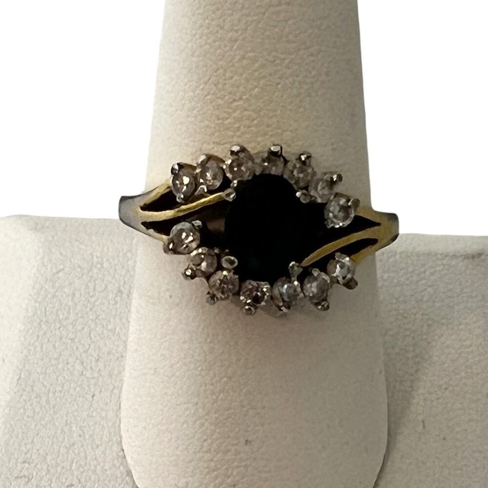 Sapphire Blue Rhinestone Halo Ring Size 9 Gold Tone Statement Ring